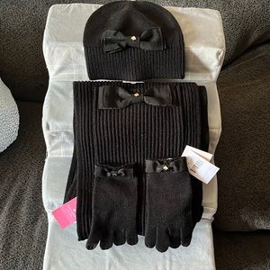 NWT Kate Spade Black Bow Hat Gloves and Scarf Set